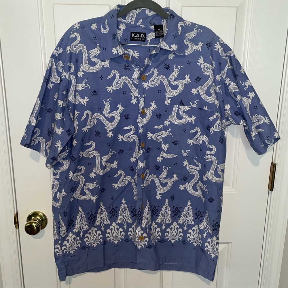 K.A.D Clothing Co. Mens Med Shirt Blue Dragons Asian Made Turkey Cotton Hawaiian